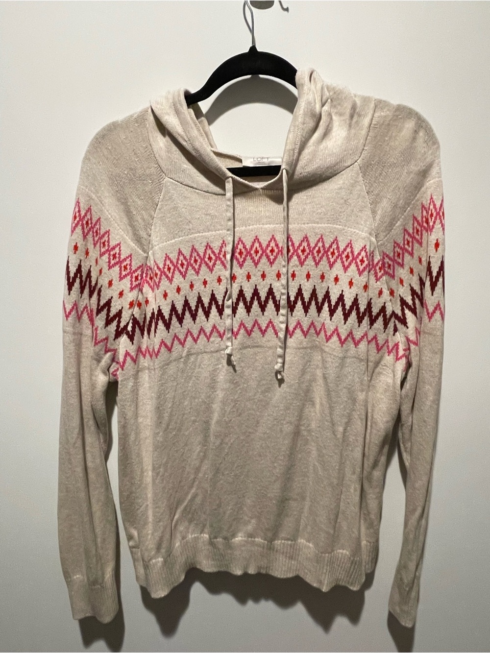 Loft Cream Hooded Sweater with Pink Pattern